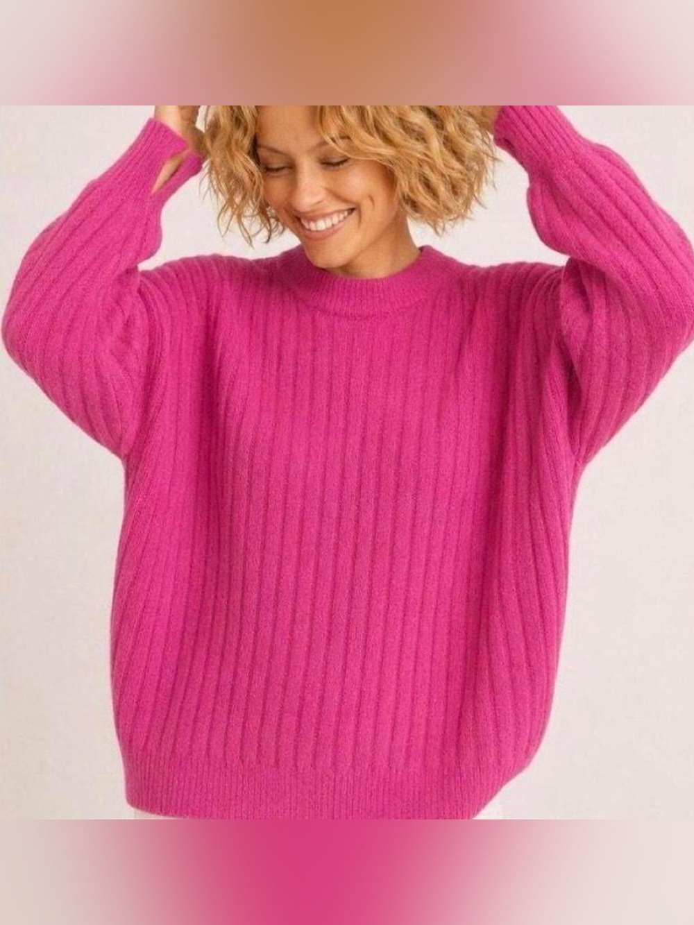 Aerie Buttercream Crew Oversized Sweater Ribbed Bright Pink Fuchsia Small